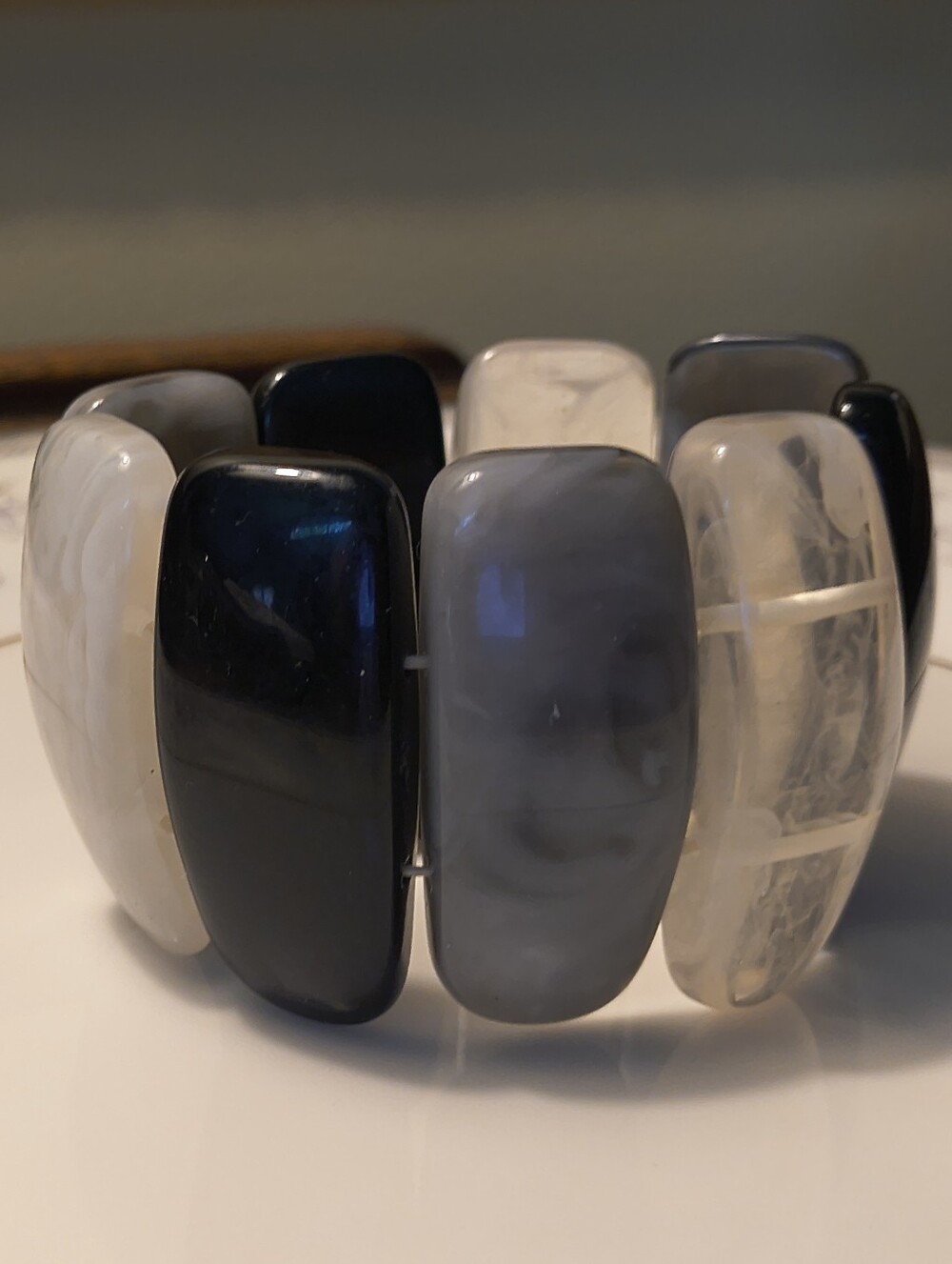 Vtg MCM Genuine Thick Chunky Lucite Bracelet Black White Gray Clear Beads